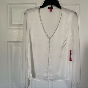 Vince Camuto White V-Neck Long Sleeve Blouse with Rhinestone Trim